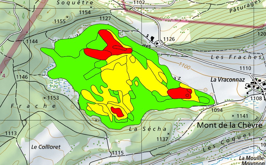 Carte nationale swisstopo avec le périmètre protégé de Mouille de la Vraconne (Haut-marais)
