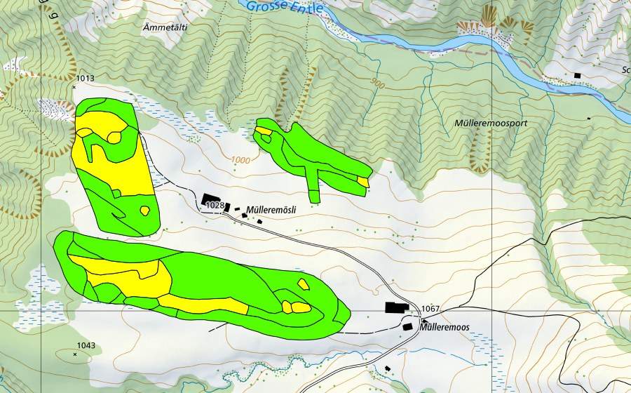 Carte nationale swisstopo avec le périmètre protégé de Müllerenmösli (Haut-marais)