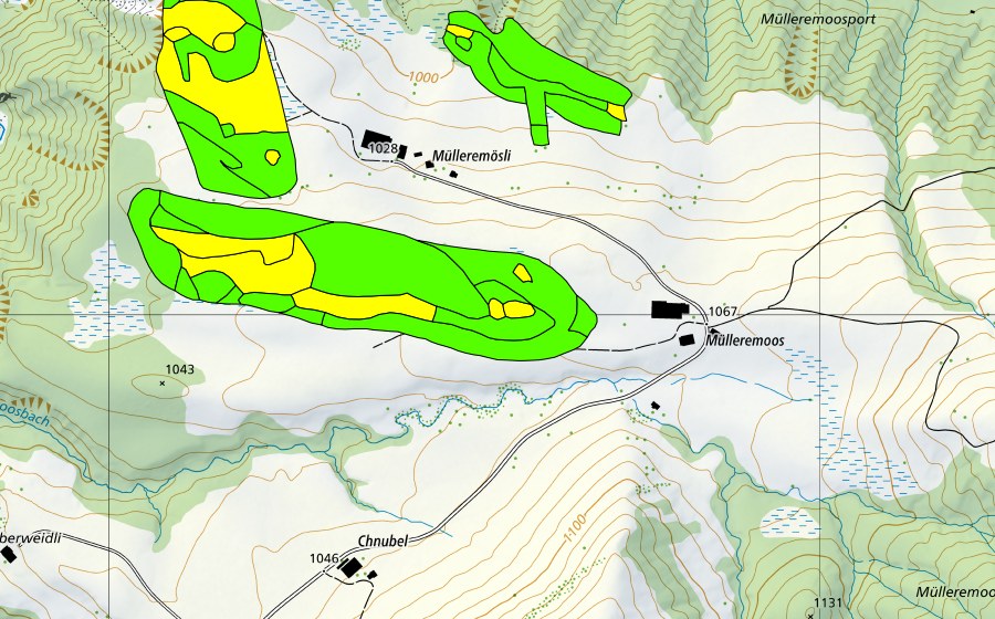 swisstopo national map showing the protected perimeter of Müllerenmösli (Raised bog)