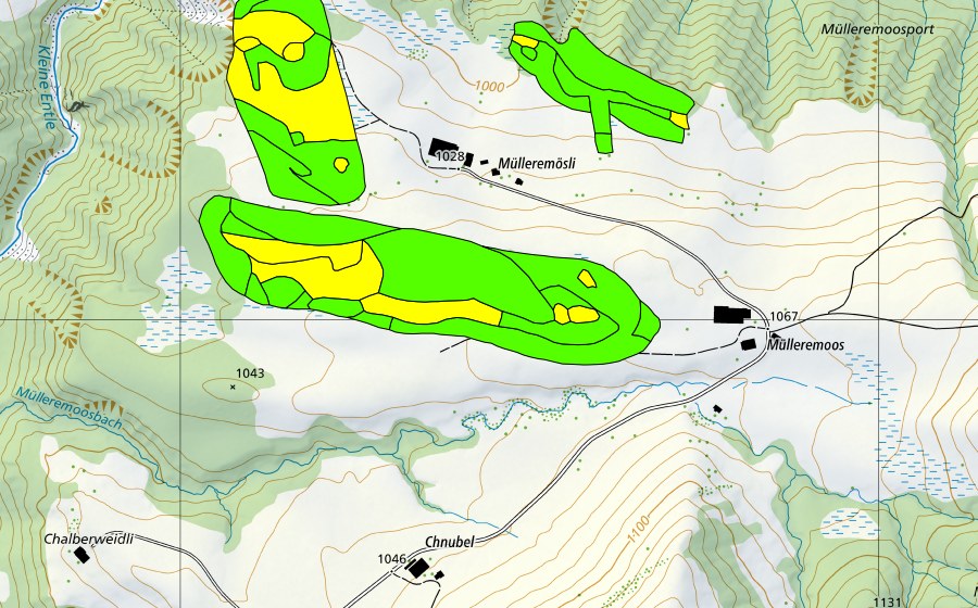 swisstopo national map showing the protected perimeter of Müllerenmösli (Raised bog)