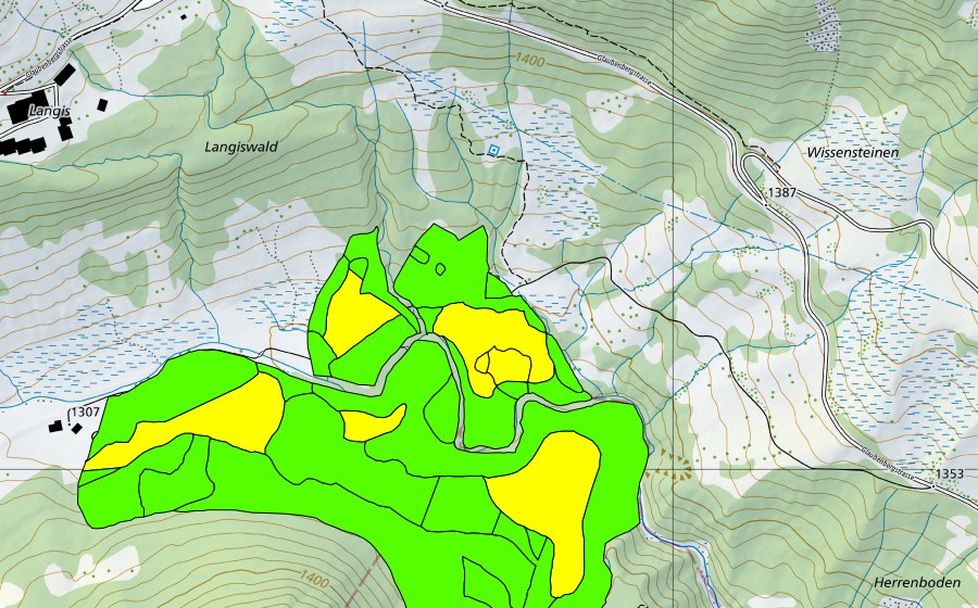 Landeskarte swisstopo mit dem Schutzperimeter von Münchenboden/Grund/Ochsenalp (Hochmoor)