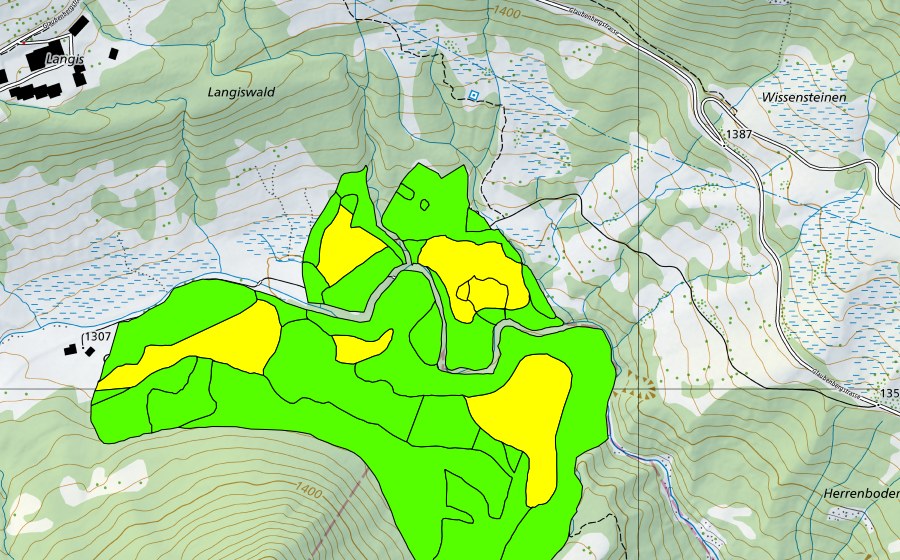 Carte nationale swisstopo avec le périmètre protégé de Münchenboden/Grund/Ochsenalp (Haut-marais)