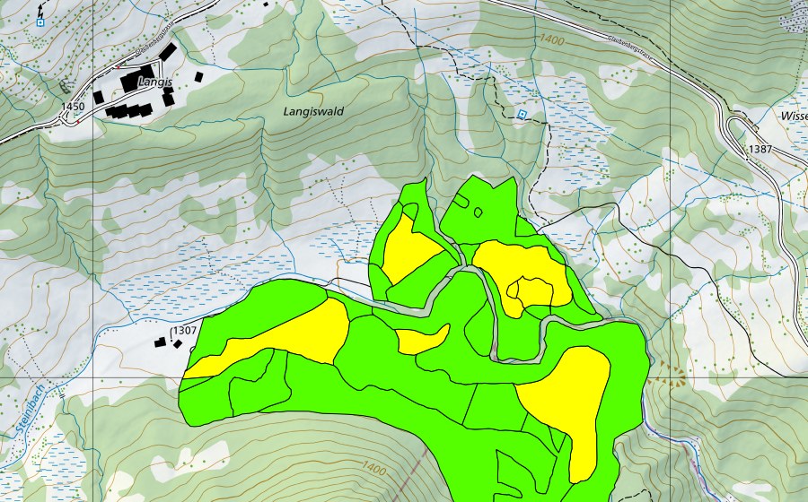 Carta nazionale swisstopo con il perimetro protetto di Münchenboden/Grund/Ochsenalp (Torbiera alta)