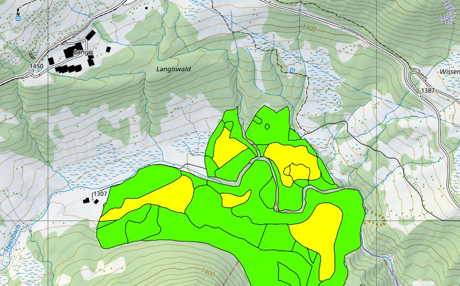 swisstopo national map showing the protected perimeter of Münchenboden/Grund/Ochsenalp (Raised bog)