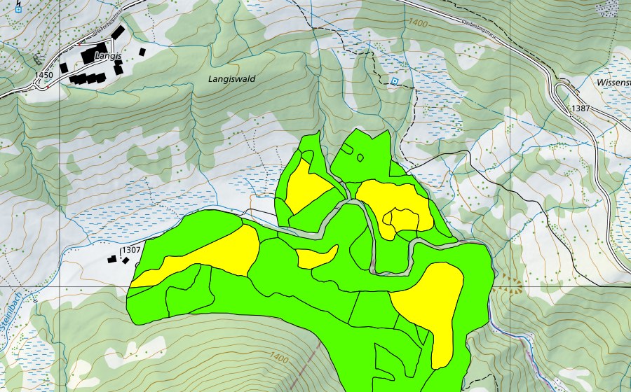 Carte nationale swisstopo avec le périmètre protégé de Münchenboden/Grund/Ochsenalp (Haut-marais)