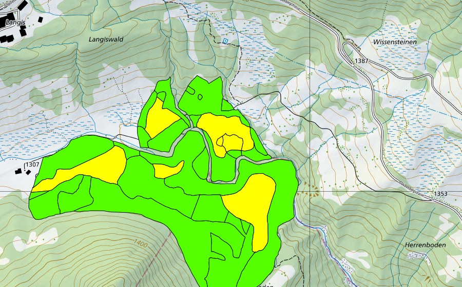 Carta nazionale swisstopo con il perimetro protetto di Münchenboden/Grund/Ochsenalp (Torbiera alta)