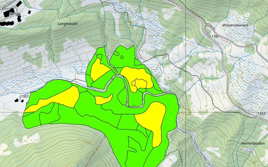 Landeskarte swisstopo mit dem Schutzperimeter von Münchenboden/Grund/Ochsenalp (Hochmoor)