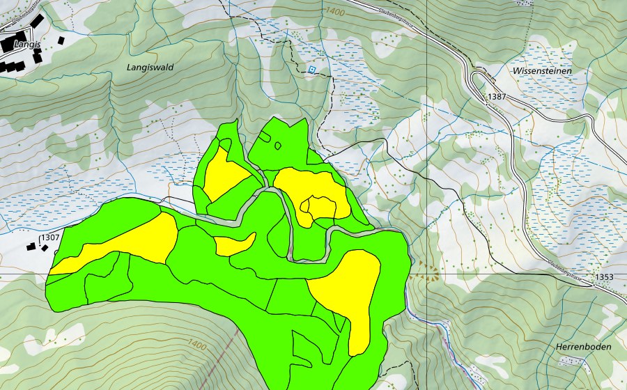 Landeskarte swisstopo mit dem Schutzperimeter von Münchenboden/Grund/Ochsenalp (Hochmoor)