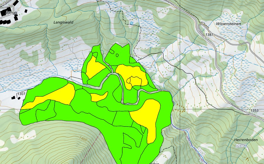 Landeskarte swisstopo mit dem Schutzperimeter von Münchenboden/Grund/Ochsenalp (Hochmoor)