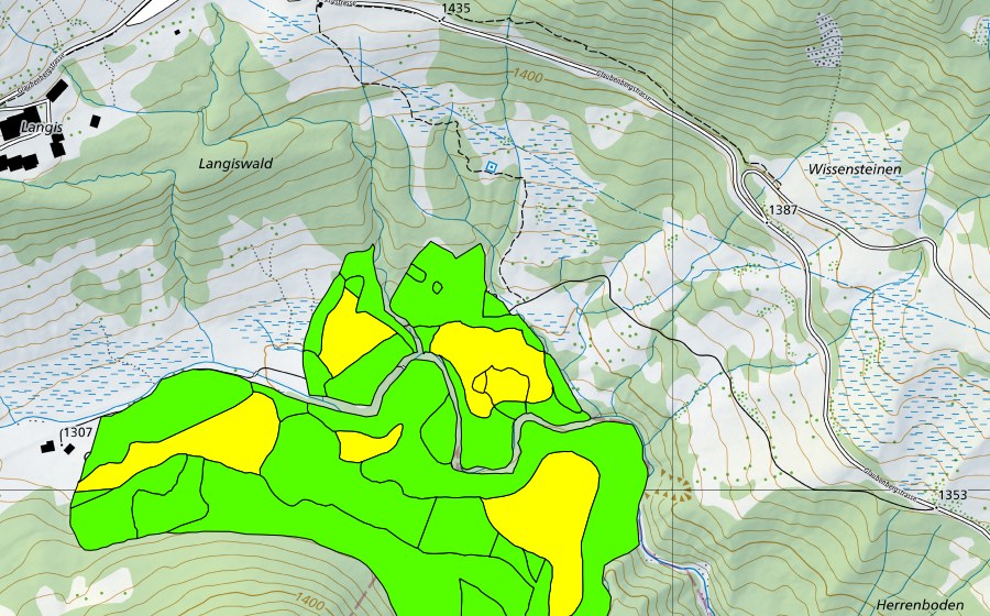 swisstopo national map showing the protected perimeter of Münchenboden/Grund/Ochsenalp (Raised bog)