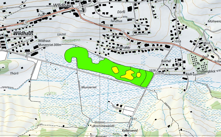 Landeskarte swisstopo mit dem Schutzperimeter von Munzenriet (Hochmoor)