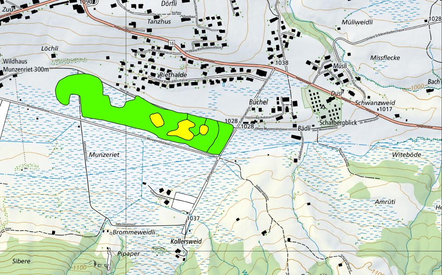 Carte nationale swisstopo avec le périmètre protégé de Munzenriet (Haut-marais)