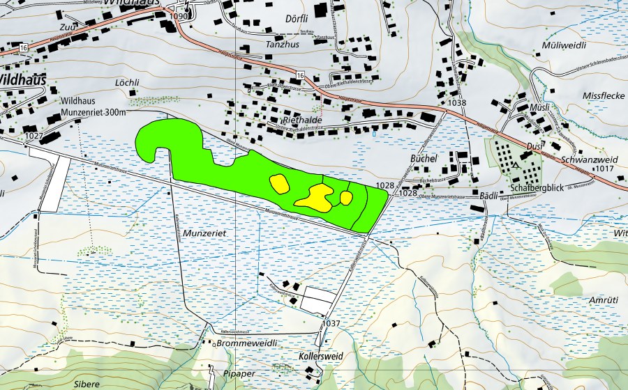 Carte nationale swisstopo avec le périmètre protégé de Munzenriet (Haut-marais)