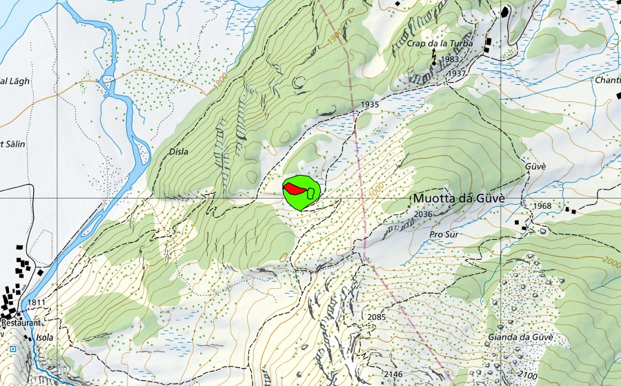 Landeskarte swisstopo mit dem Schutzperimeter von Muotta da Güvè (Hochmoor)