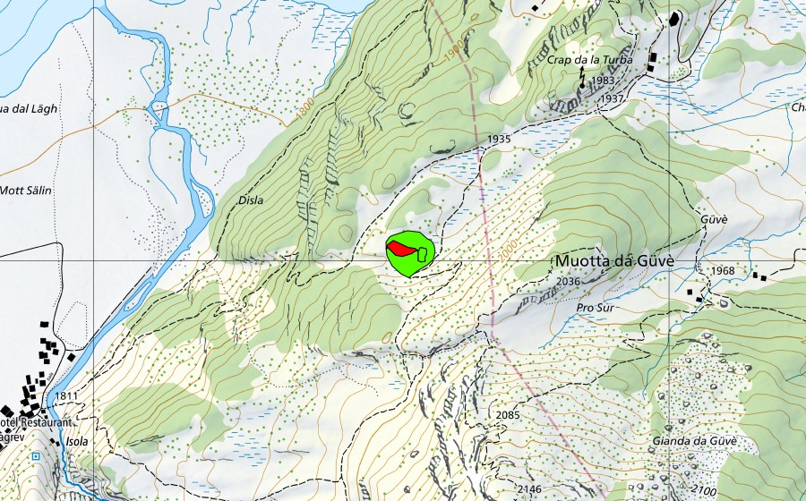swisstopo national map showing the protected perimeter of Muotta da Güvè (Raised bog)