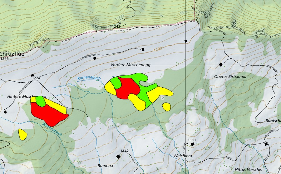 swisstopo national map showing the protected perimeter of Muschenegg (Raised bog)