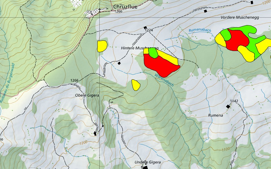 Carte nationale swisstopo avec le périmètre protégé de Muschenegg (Haut-marais)
