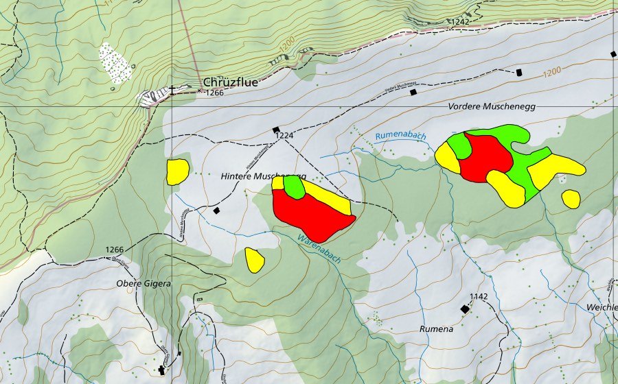 swisstopo national map showing the protected perimeter of Muschenegg (Raised bog)