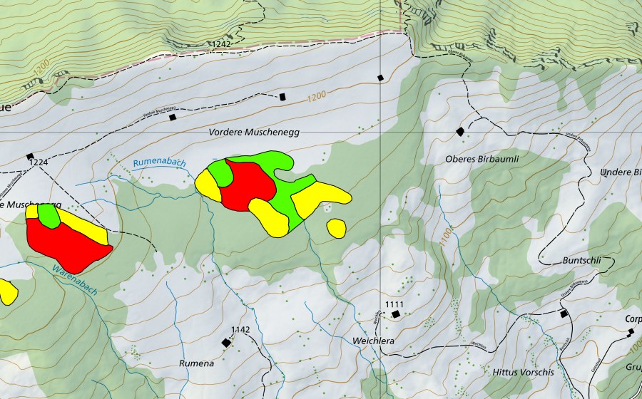 Landeskarte swisstopo mit dem Schutzperimeter von Muschenegg (Hochmoor)