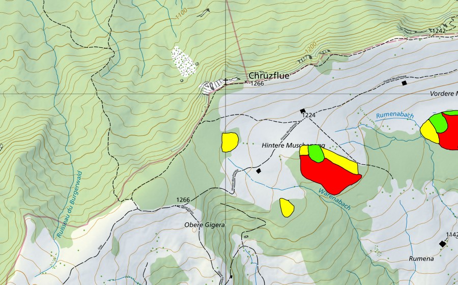 Landeskarte swisstopo mit dem Schutzperimeter von Muschenegg (Hochmoor)
