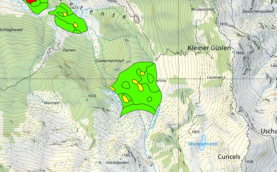 swisstopo national map showing the protected perimeter of Naserina (Raised bog)