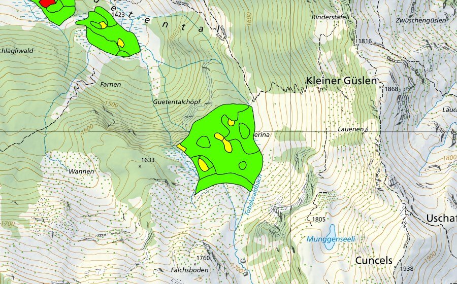 swisstopo national map showing the protected perimeter of Naserina (Raised bog)