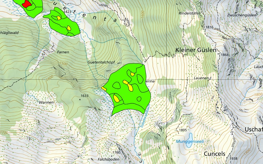 swisstopo national map showing the protected perimeter of Naserina (Raised bog)