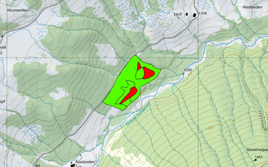 Carte nationale swisstopo avec le périmètre protégé de Nassboden (Haut-marais)
