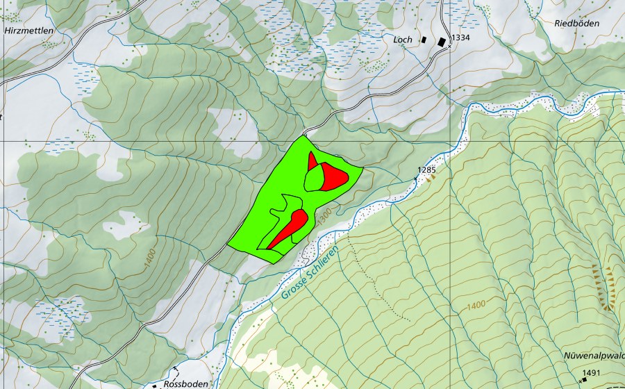 swisstopo national map showing the protected perimeter of Nassboden (Raised bog)