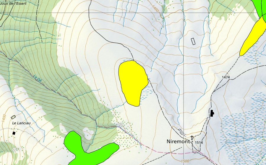 Carte nationale swisstopo avec le périmètre protégé de Niremont, Arête ouest (Haut-marais)