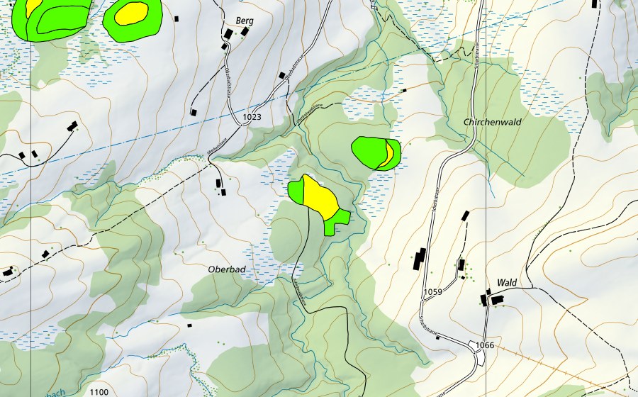 Landeskarte swisstopo mit dem Schutzperimeter von Ober Bad (Hochmoor)