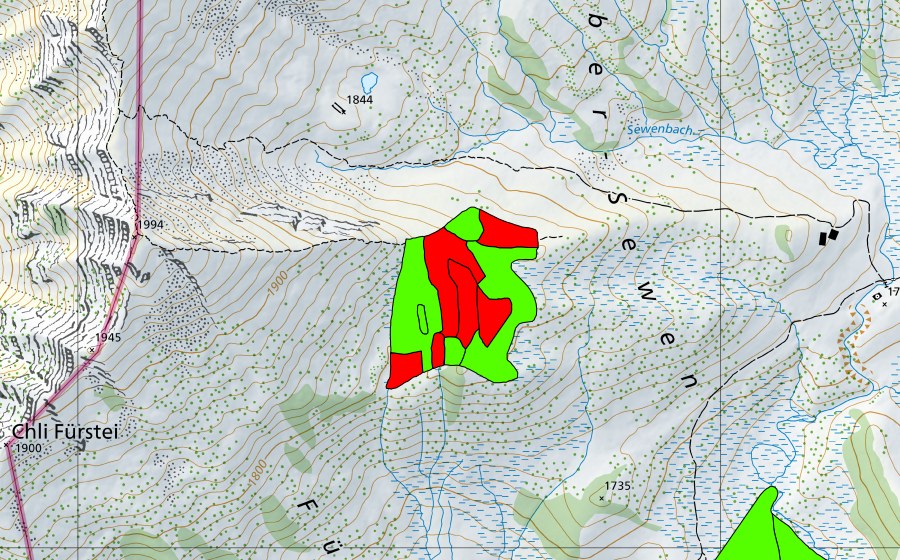 swisstopo national map showing the protected perimeter of Ober Sewen (Raised bog)