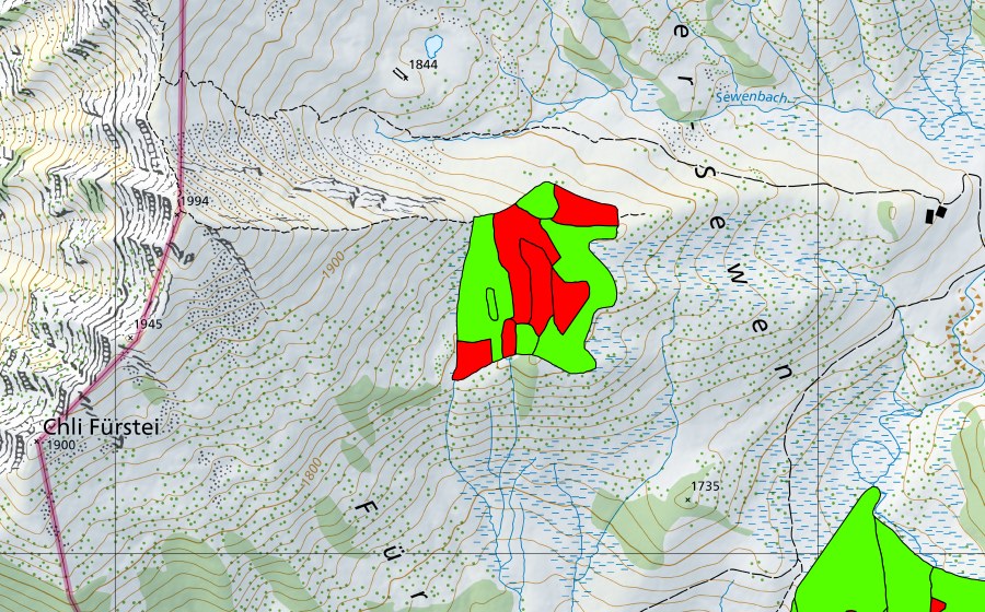 swisstopo national map showing the protected perimeter of Ober Sewen (Raised bog)