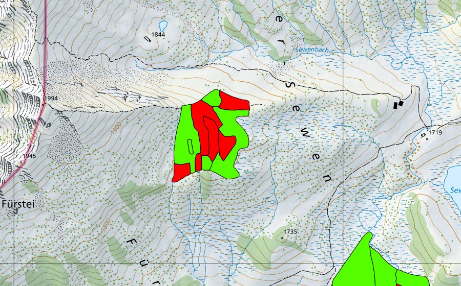 Carte nationale swisstopo avec le périmètre protégé de Ober Sewen (Haut-marais)