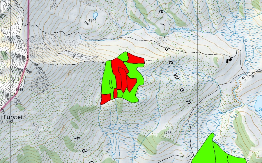 swisstopo national map showing the protected perimeter of Ober Sewen (Raised bog)
