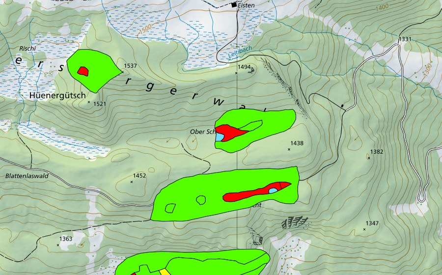 swisstopo national map showing the protected perimeter of Obere Schluecht/Untere Schluecht (Raised bog)