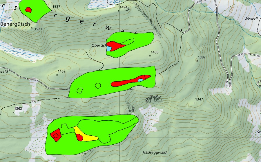 swisstopo national map showing the protected perimeter of Obere Schluecht/Untere Schluecht (Raised bog)