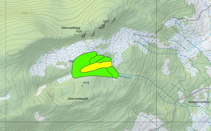 swisstopo national map showing the protected perimeter of Obermattboden (Raised bog)