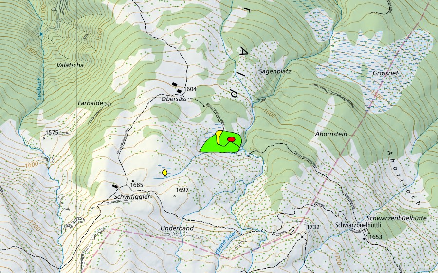Carte nationale swisstopo avec le périmètre protégé de Obersäss (Haut-marais)