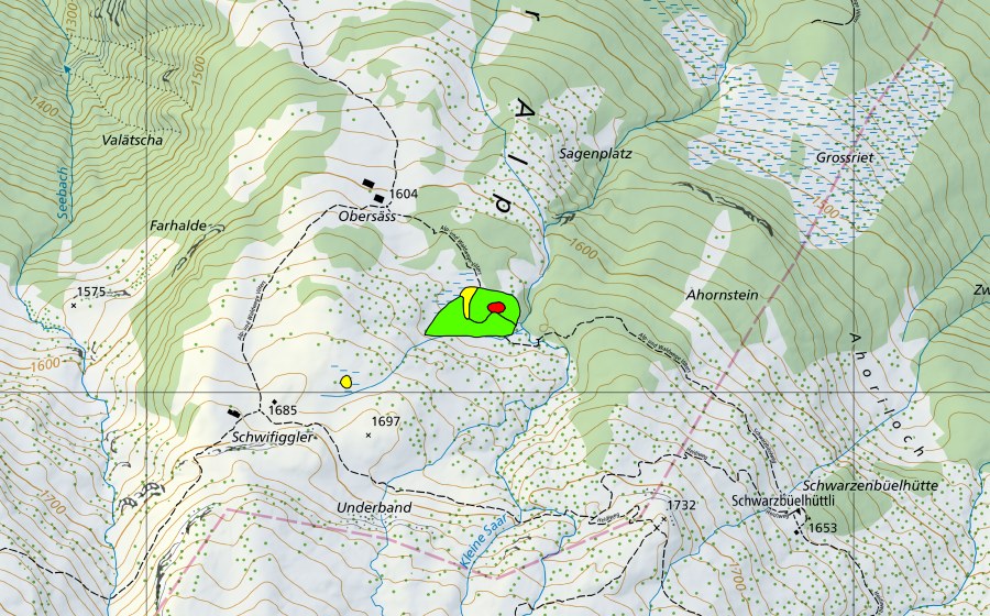 Carte nationale swisstopo avec le périmètre protégé de Obersäss (Haut-marais)