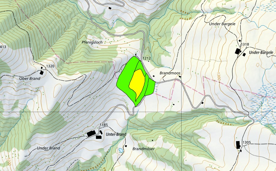 swisstopo national map showing the protected perimeter of Östlich Brandchnubel (Raised bog)