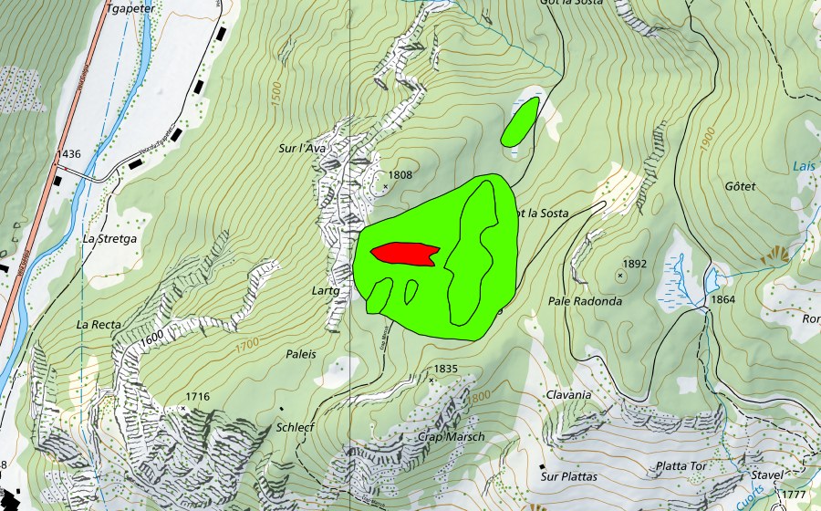 Carte nationale swisstopo avec le périmètre protégé de Paleis (Haut-marais)