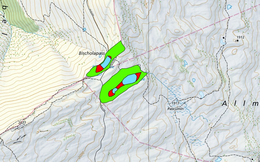 Landeskarte swisstopo mit dem Schutzperimeter von Pascuminer See/Bischolsee (Hochmoor)