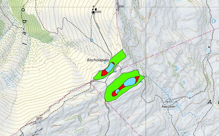 Carte nationale swisstopo avec le périmètre protégé de Pascuminer See/Bischolsee (Haut-marais)