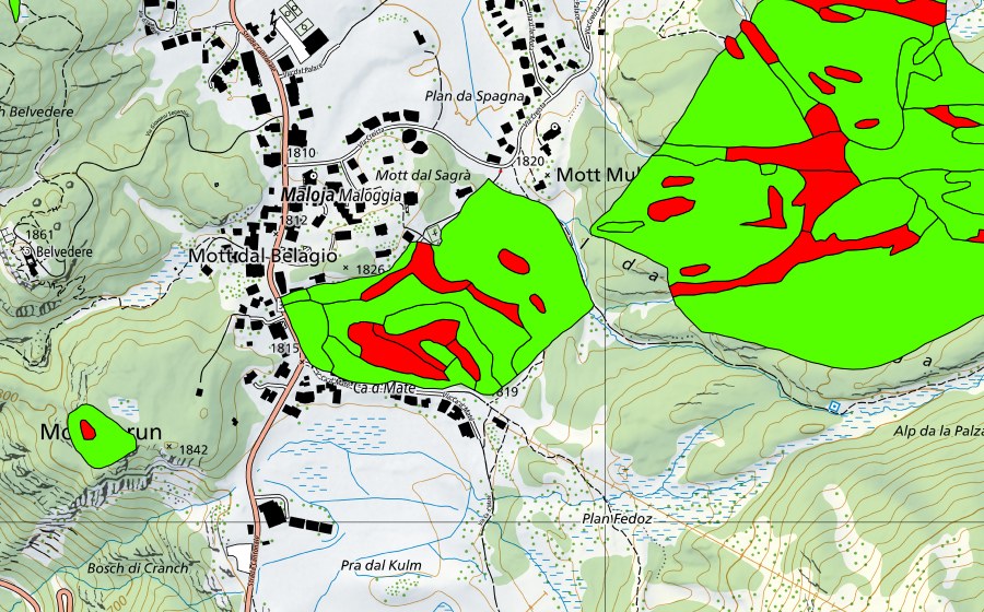 Landeskarte swisstopo mit dem Schutzperimeter von Passo del Maloja/Aira da la Palza (Hochmoor)