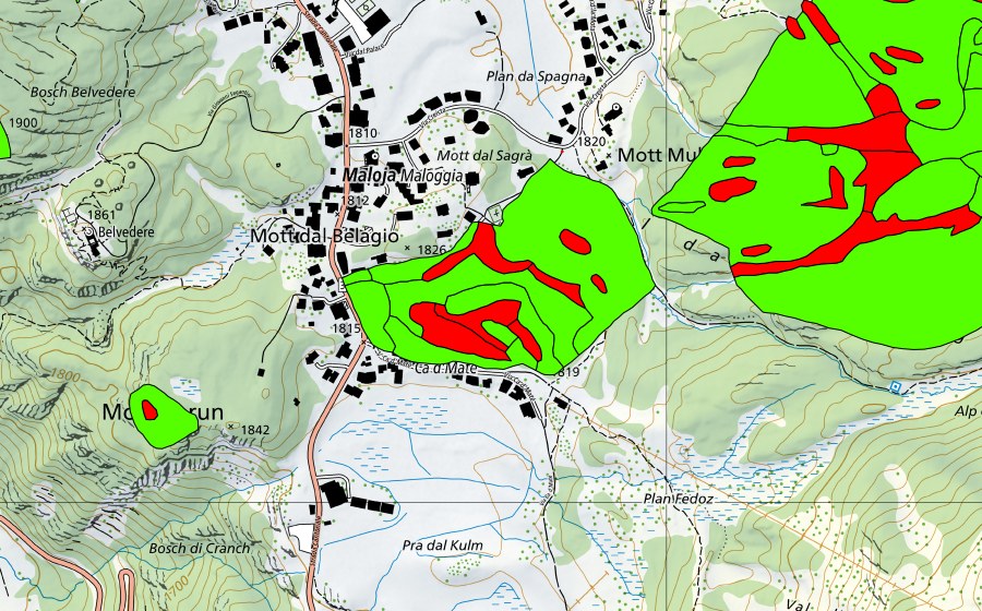 swisstopo national map showing the protected perimeter of Passo del Maloja/Aira da la Palza (Raised bog)