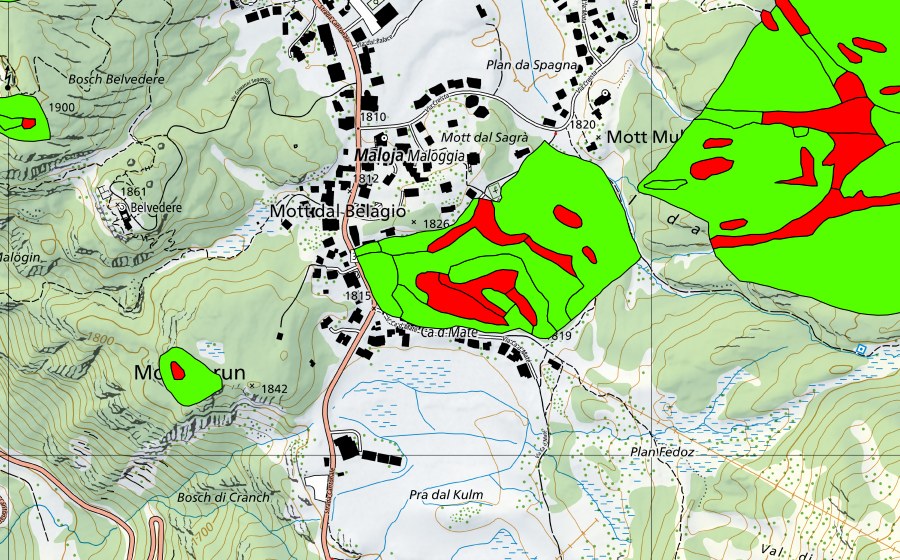 swisstopo national map showing the protected perimeter of Passo del Maloja/Aira da la Palza (Raised bog)