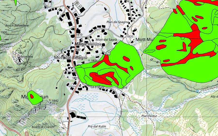 Carta nazionale swisstopo con il perimetro protetto di Passo del Maloja/Aira da la Palza (Torbiera alta)