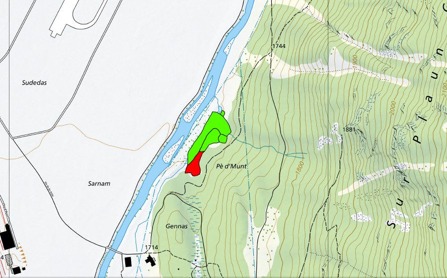 Carte nationale swisstopo avec le périmètre protégé de Pè d'Munt/Pradè (Haut-marais)