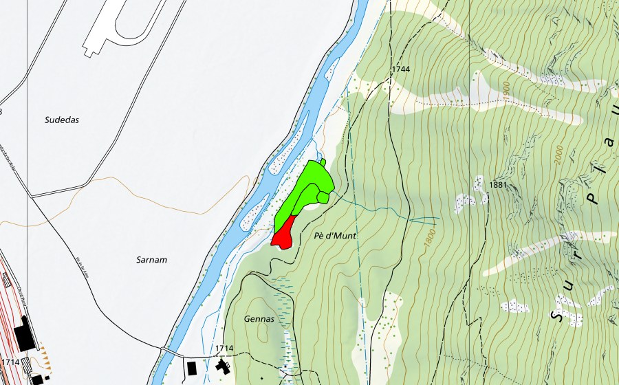 Carte nationale swisstopo avec le périmètre protégé de Pè d'Munt/Pradè (Haut-marais)